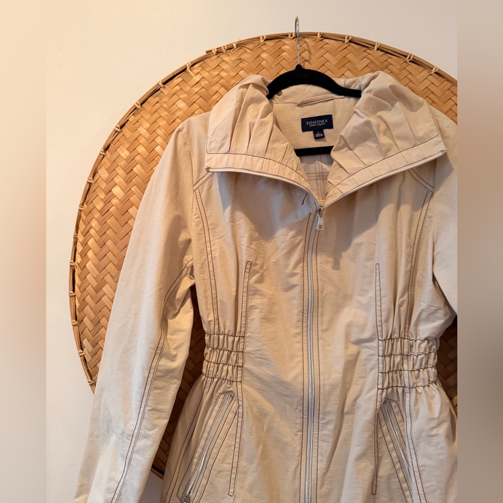 SONOMA LIFE & STYLE BEIGE COTTON NYLON JACKET FULL ZIP SMOCKED‎ WAIST GORPCORE